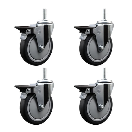 Service Caster 5 Inch Thermoplastic  Rubber Wheel Swivel 34 Inch Threaded Stem Caster Set with Brake SCC SCC-TS20S514-TPRB-PLB-34212-4
